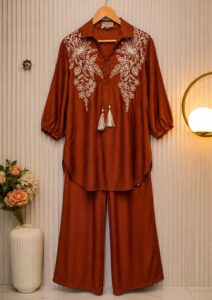 Rust Brown Embroidered Co-Ord Set